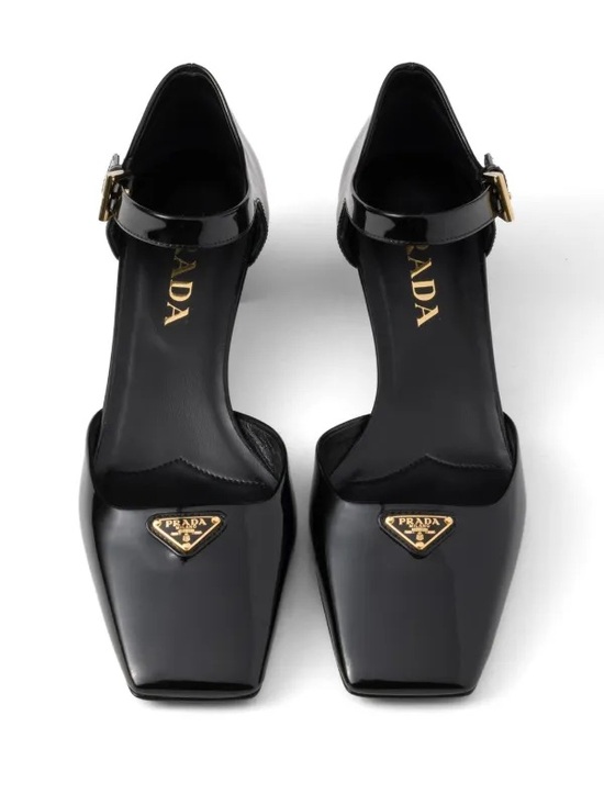 Prada Shoes - Prada Black Patent Leather Triangle Logo Mary Jane Pumps Square Toe Heel EU 40